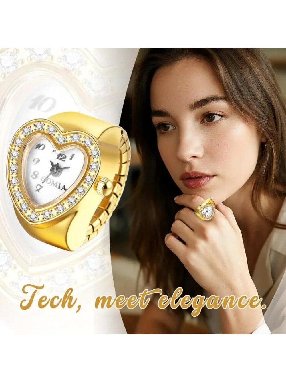 Unisex Gold Analog Quartz Easy Read Adjustable Modern Heart Finger Ring Watch